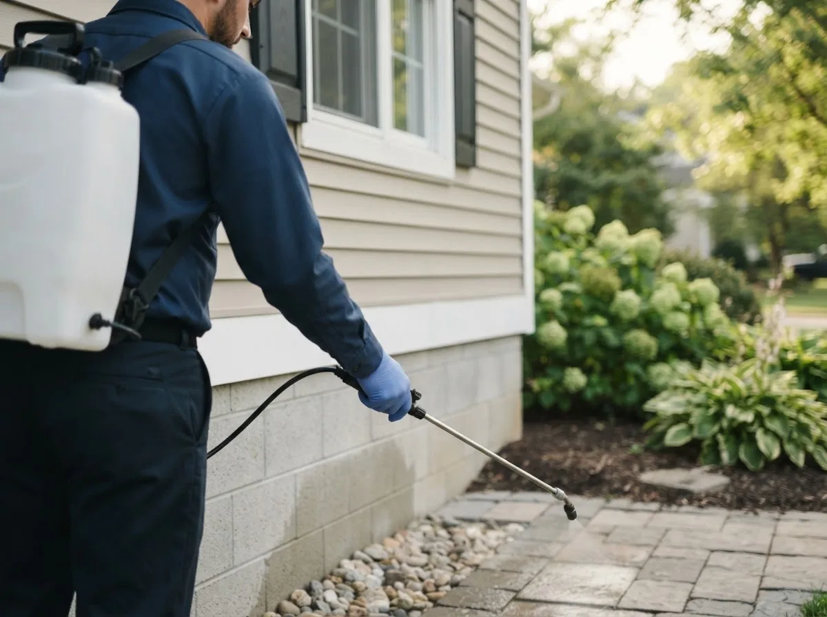 Pest control technician inspecting a home in Pleasant Plains, IL